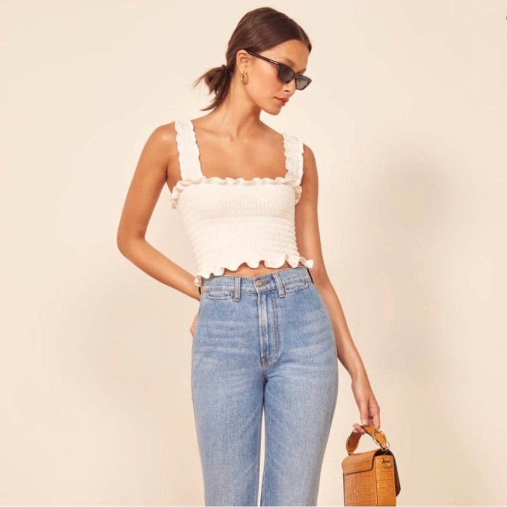 Reformation Leonore Smocked Cropped Ruffle Tank Top White Size Medium